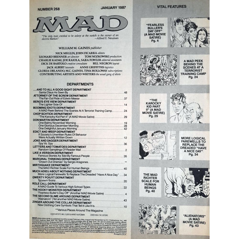 Mad Magazine N°268 - Vintage January 1987 issue with Aliens